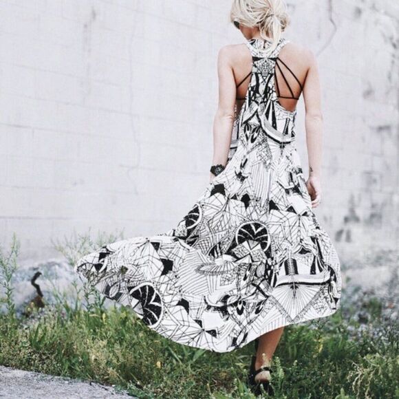 Free People La Mar Maxi Dress Long Flowy Batik Print Black & Cream Size Small - Picture 7 of 15